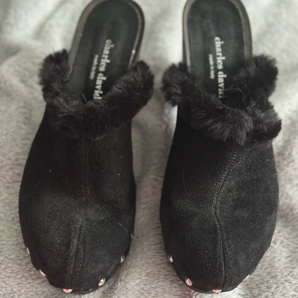 Charles David Black Fur-Accented Mules